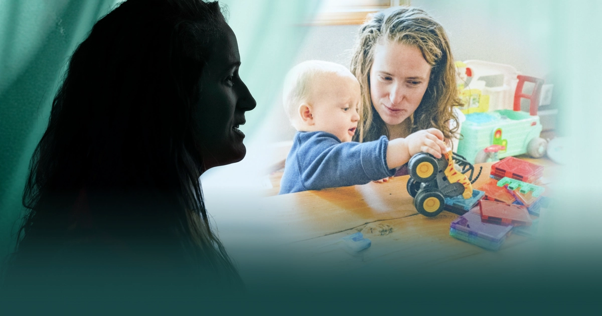 Silhouetted woman blended with scene of mother and baby playing indoors.