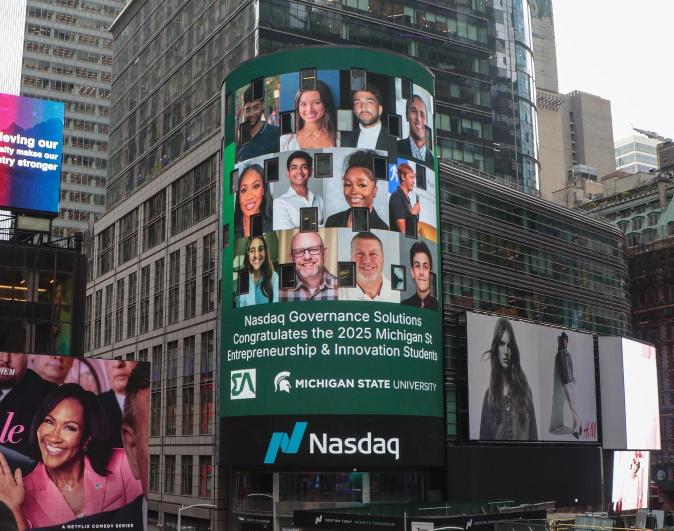 Shreshta Sinha featured on the Nasdaq tower in Times Square during the MSU Entrepreneurship Association’s trip to Boston.