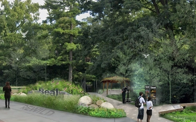 Architectural concept rendering of visitors entering the newly designed Beal Botanical Garden entrance. "Beal" is among flowers and grasses, and "Rewild" is written on a paved walkway.