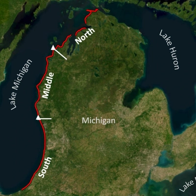 The total length of the Lake Michigan shoreline used for the analysis in red