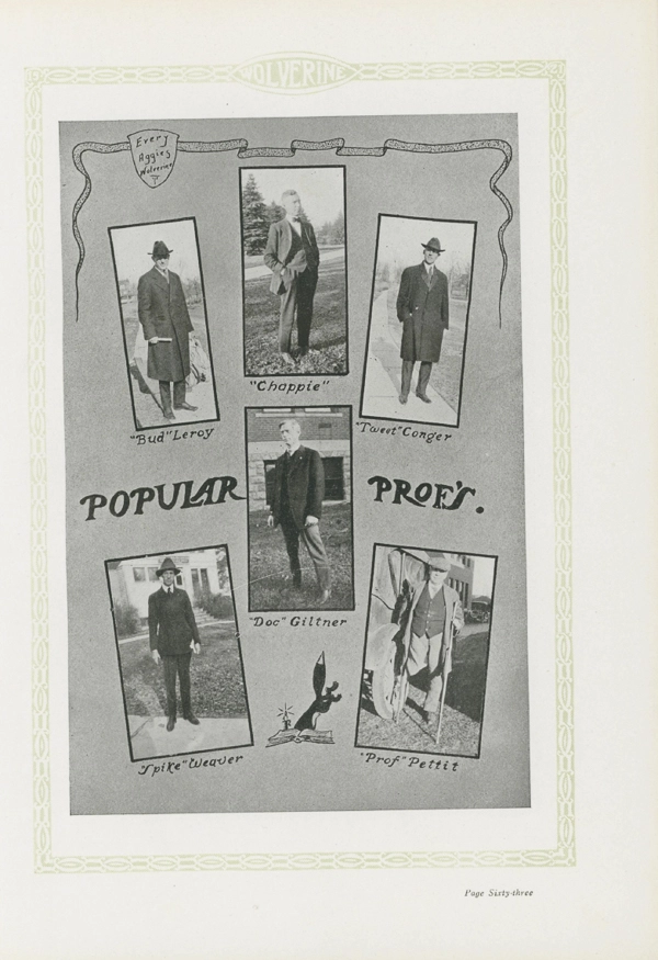 1921 Wolverine Yearbook showing pictures of "Popular Profs" including Doc Giltner