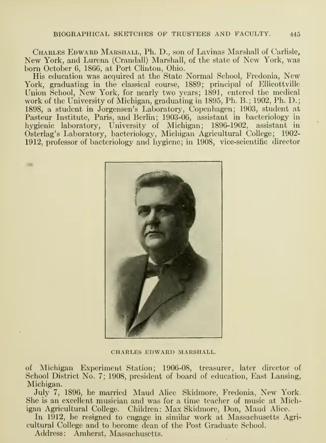 Biography of Charles Marshall from the 1915 book "History of the Michigan Agricultural College"