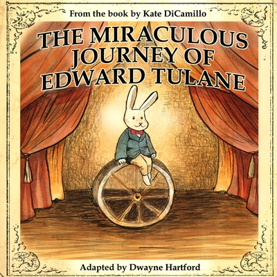 A drawing of a rabbit sitting on a wheel while on a stage.