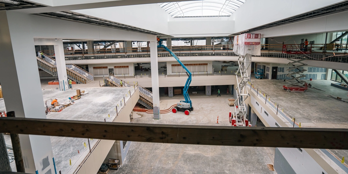 The track on the building’s mezzanine level offers a view of the entire facility from above.