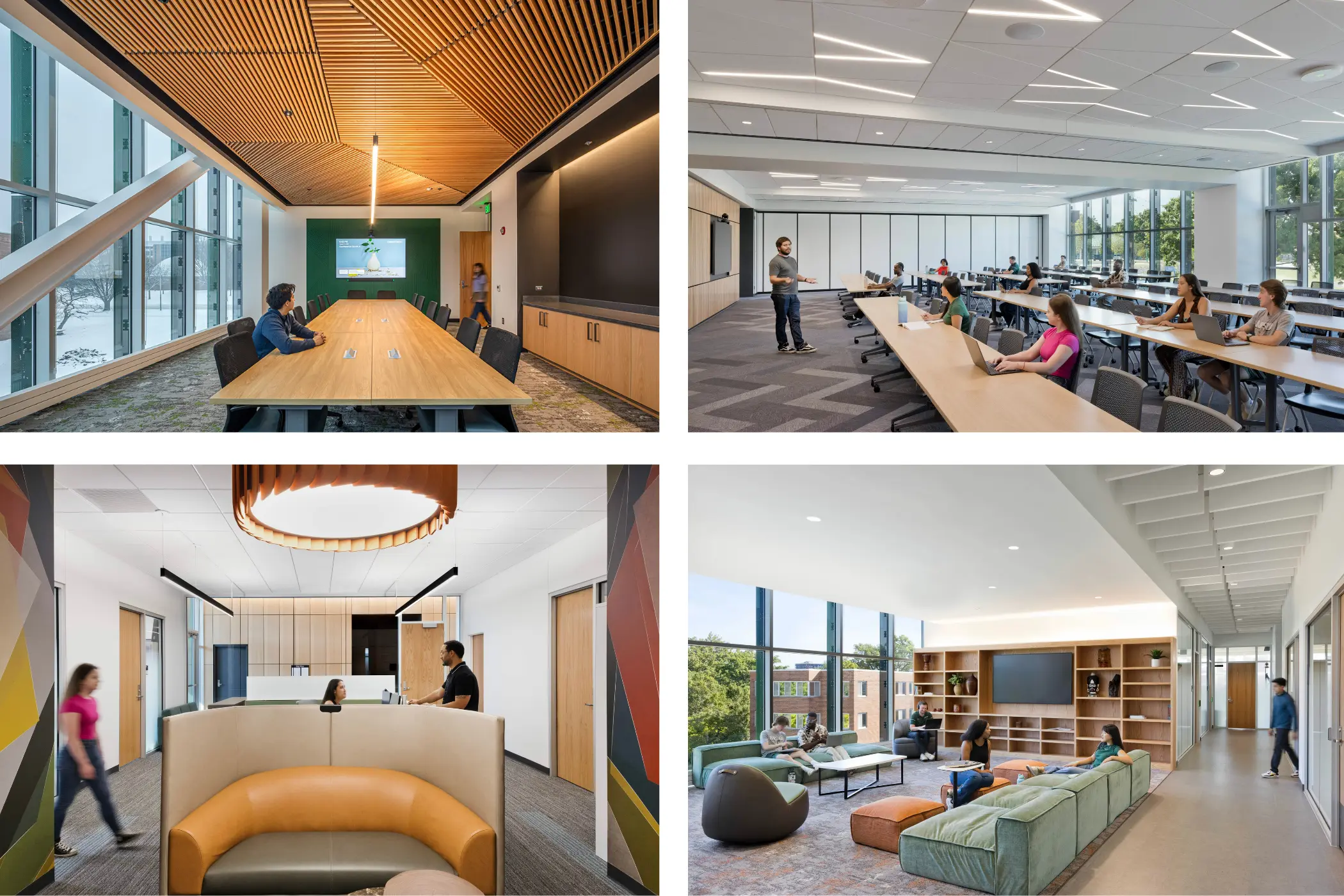 collage of four photos showing room spaces with various furniture in a campus building