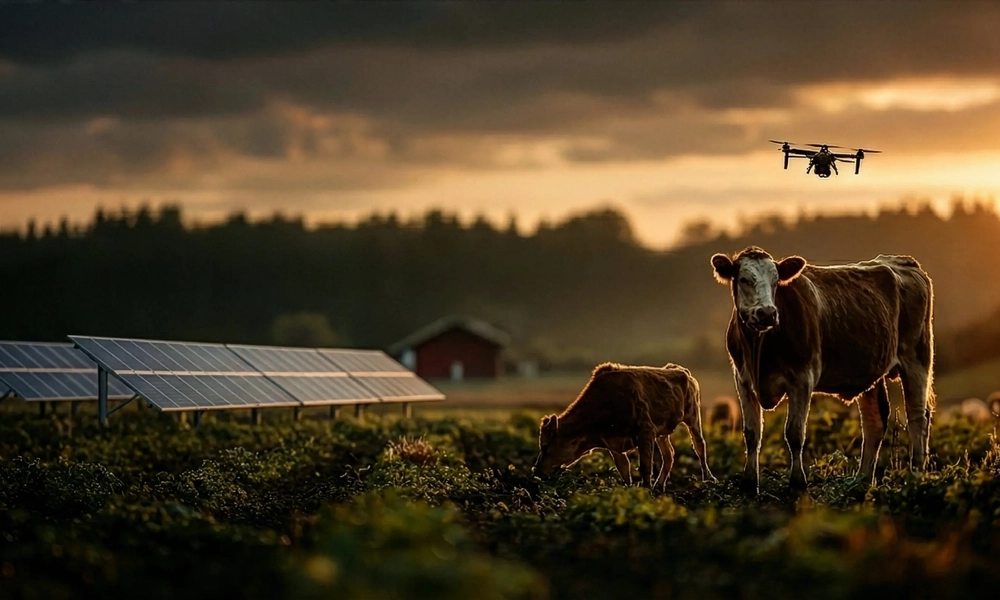 Cows grazing near solar panels while a drone flies overhead at sunset.