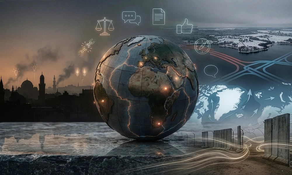 Illustrated globe showing global risk, climate change, and governance symbols.