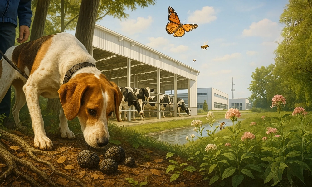 Dog sniffing truffles near flowers beside a dairy barn with cows in the background.