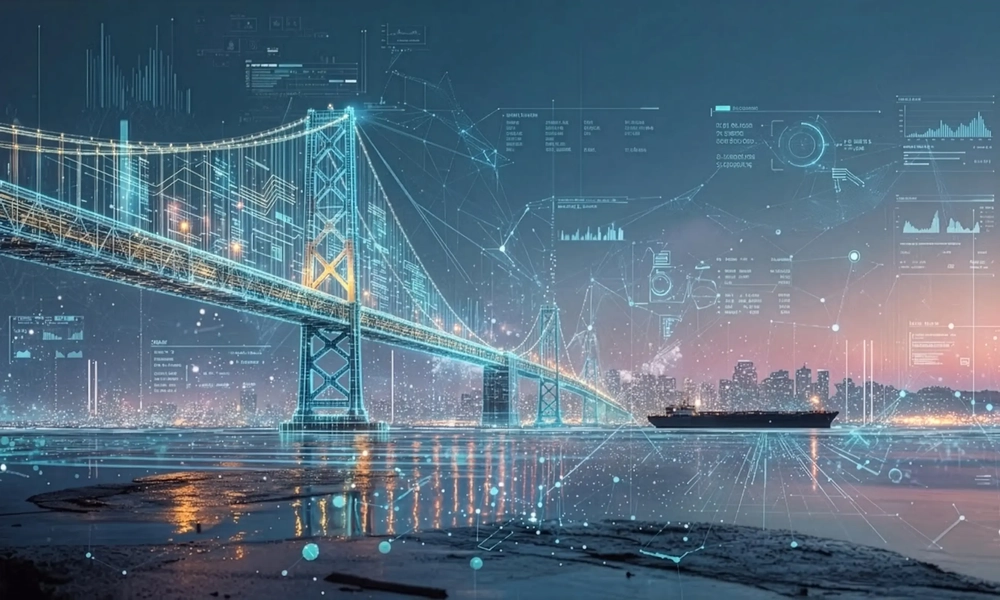 Conceptual bridge with digital data overlays illustrating smart infrastructure.