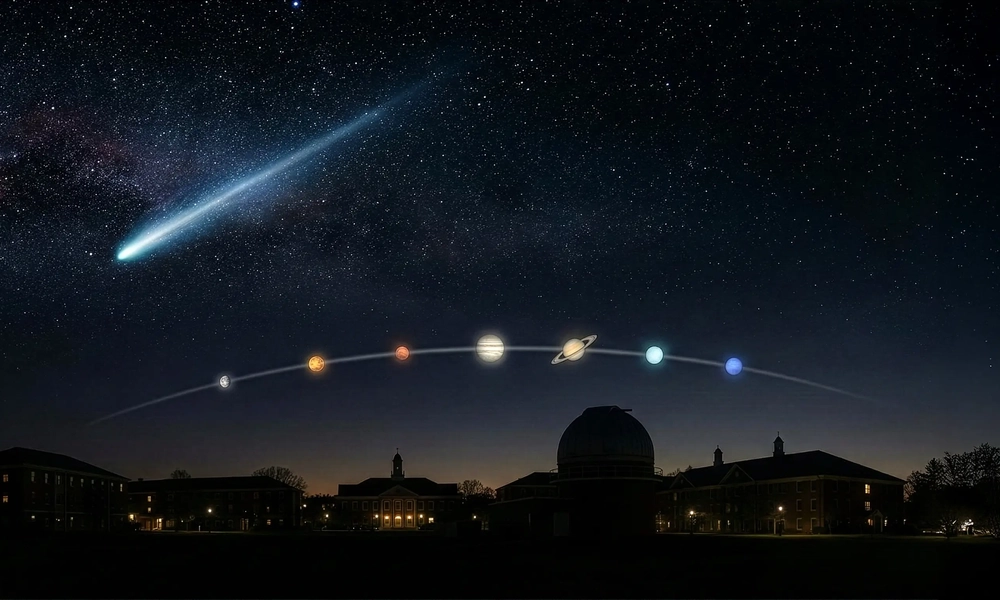 Comet and illustrated solar system arc above Abrams Planetarium at night.