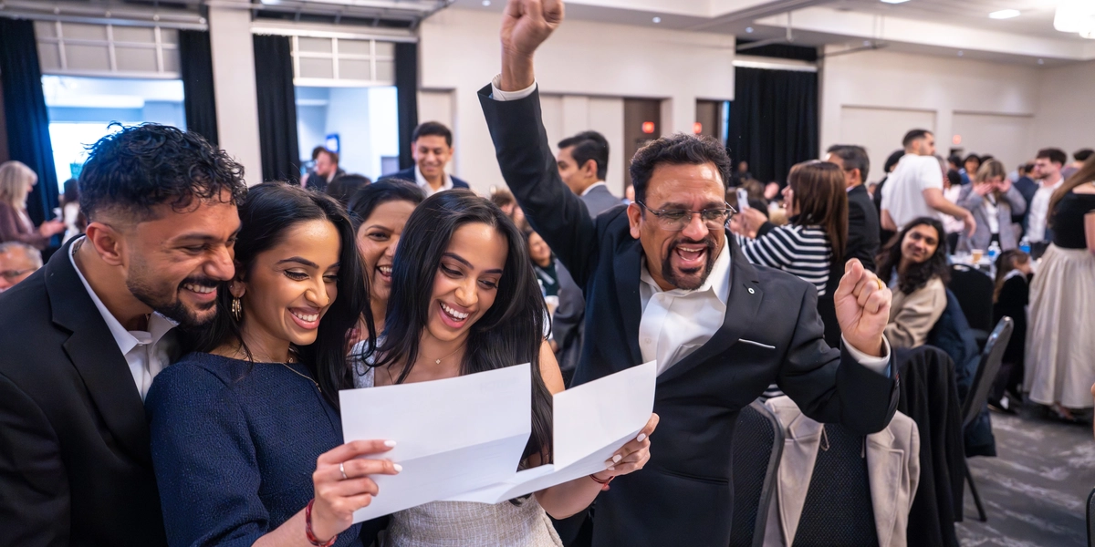 Medical student and family members smiling while reading a Match Day letter together.