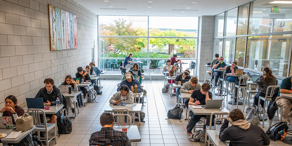 Students in the atrium of the BPS Building