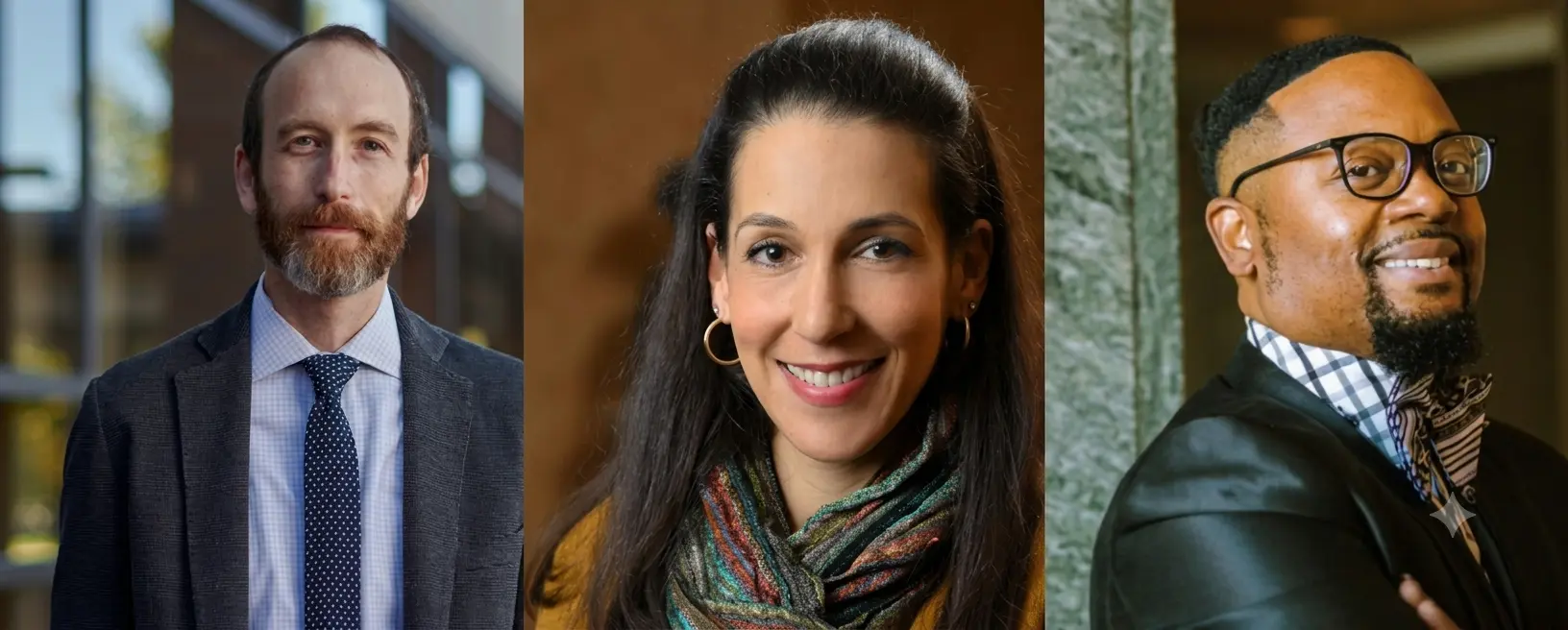 panoramic horizontal composite image of three professional portraits arranged side-by-side. The left section shows Justin Simard, a bearded man in a suit and polka-dot tie. The middle section shows Nadia Abuelezam, a smiling woman with a patterned scarf and gold hoop earrings. The right section shows Kent Key, a smiling man with glasses, a goatee, and a patterned bow tie, leaning against a green marble wall.