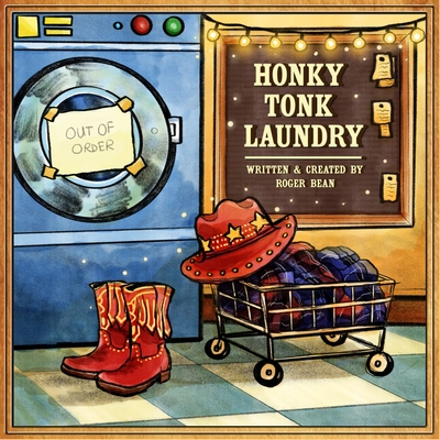 A drawing showing a laundry machine that's out of order, with boots and a cart full of clothes nearby.