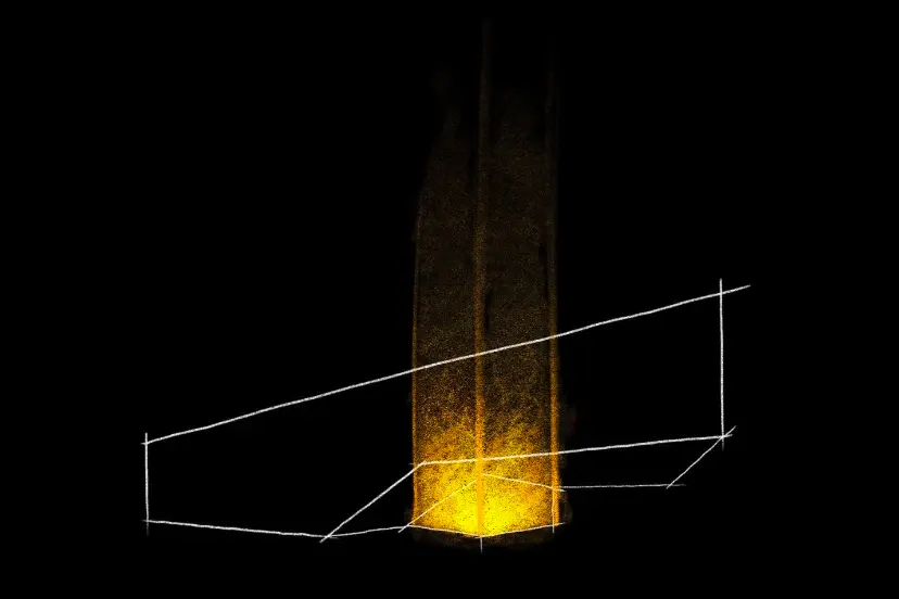 Abstract sketch of a building shape with geometric lines, with a separate vertical column of orange radiating upward