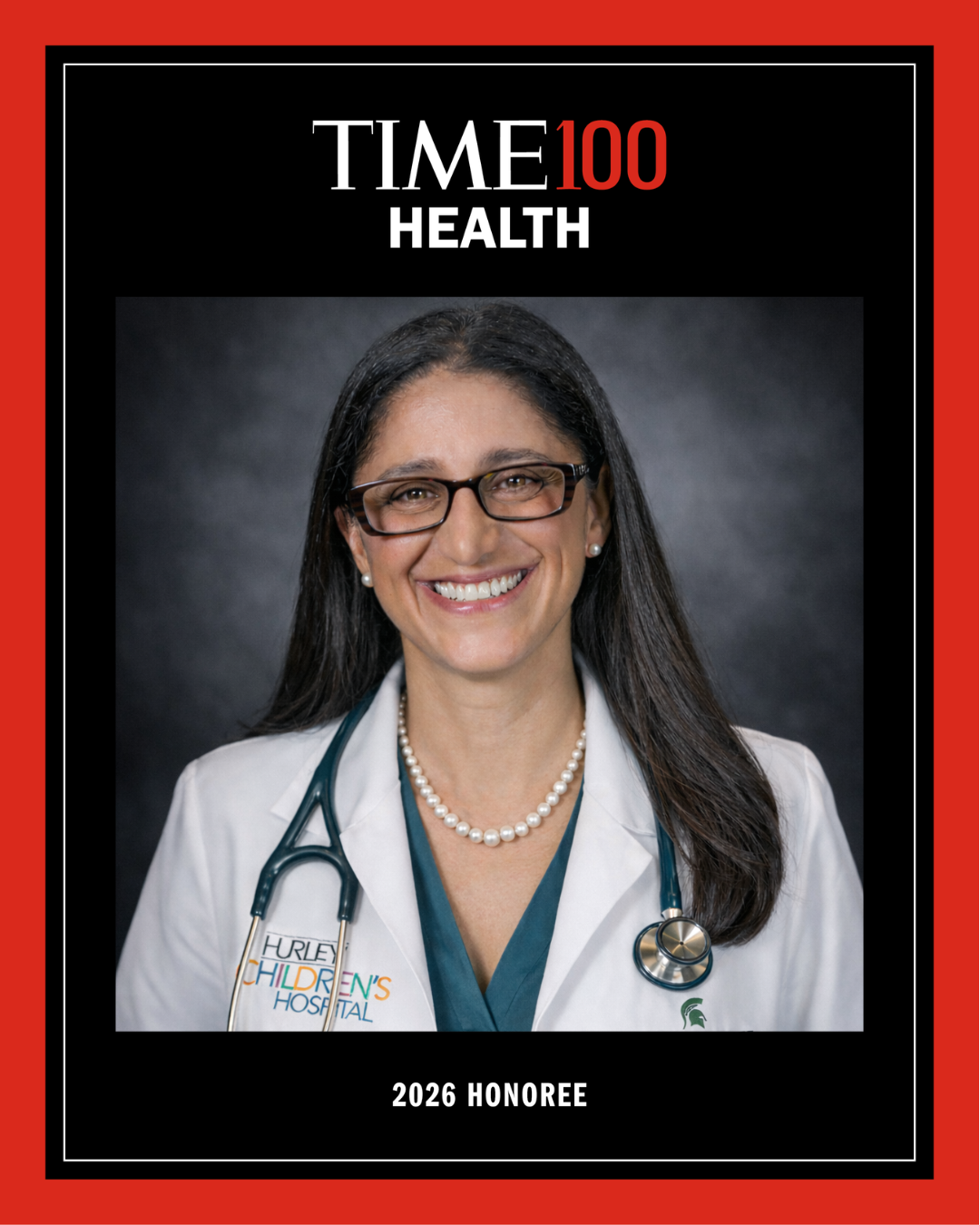 A graphic in the style of Time Magazine, with text "Time100 Health" above and "2026 Honoree" below a portrait of Mona Hanna.