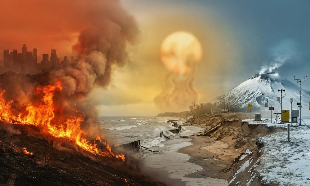 Composite illustration showing wildfire, coastal erosion, extreme heat, and volcanic activity.