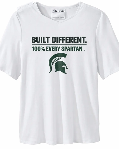 White T-Shirt that includes "Built Different" and "100% Every Spartan" with the Spartan head logo on the front on a white background.