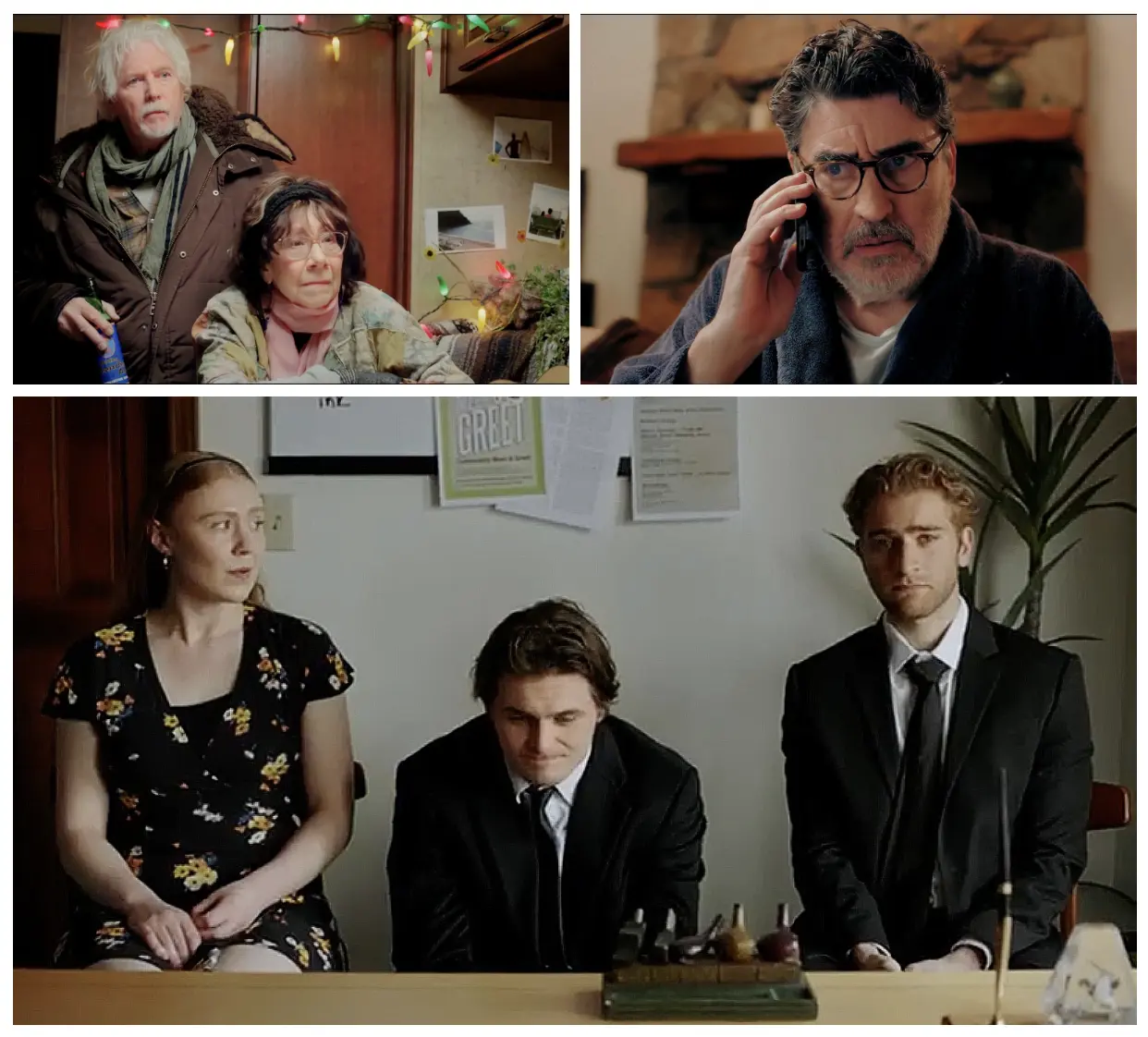 William Katt and Mindy Sterling (top left); Alfred Molina (top right); and Jamie Lien, Alek Kristopher, and Chris Heeder (bottom) in When We Get There.