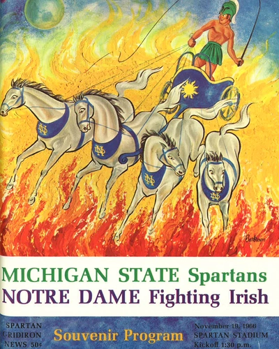 Spartan Gridiron News souvenir program for the Michigan State Spartans vs. Notre Dame Fighting Irish dated November 19,1966, Spartan Stadium, kickoff 1:30 p.m. Image depicts four horses with Notre Dame logo in fiery background.