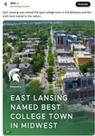 Screenshot of X post from Michigan State University. It shows a thumbnail image containing an aerial photo of Grand River Avenue with text overlay that says east lansing named best college town in midwest