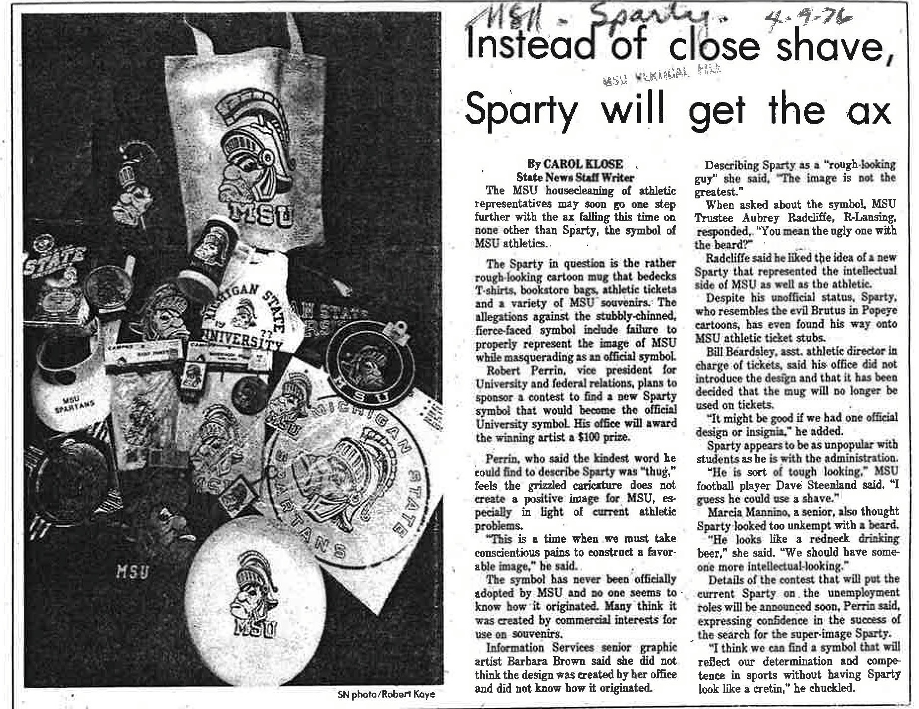 1976 newspaper clipping from The State News discussing the Sparty mascot logo with a collage of merchandise.