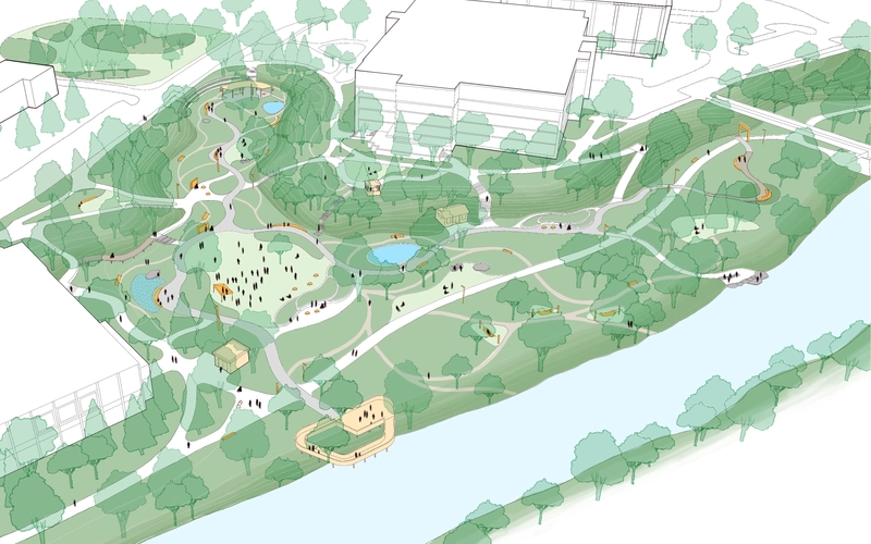 Conceptual diagram illustrating planned updates for W. J. Beal Botanical Garden. It includes university structures, pedestrian pathways, garden plots and figures to represent people throughout the grounds.