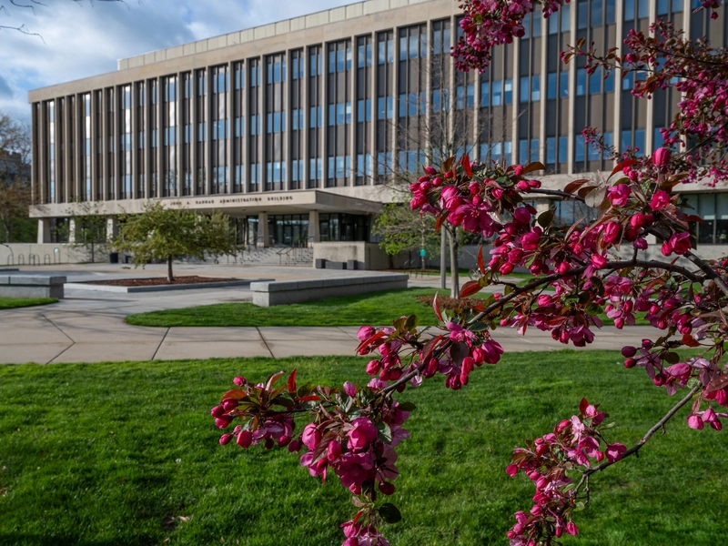 Spring blossoms frame the view of the John Hannah Administration Building.