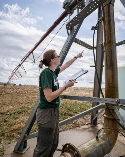 Researcher in a field with metal pipes and metal structure.