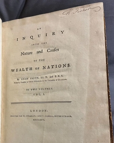 An image of the front page of First Edition of Adam Smith's "Wealth of Nations".