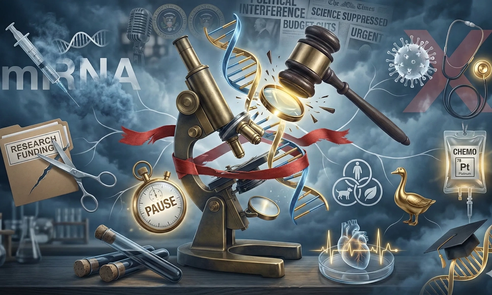 Illustration of scientific research disrupted by funding cuts and political interference.