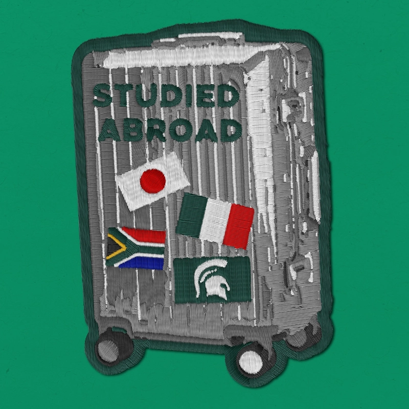 Embroidered patch reading "Studied Abroad" on a gray roller luggage and various flags on a green background.