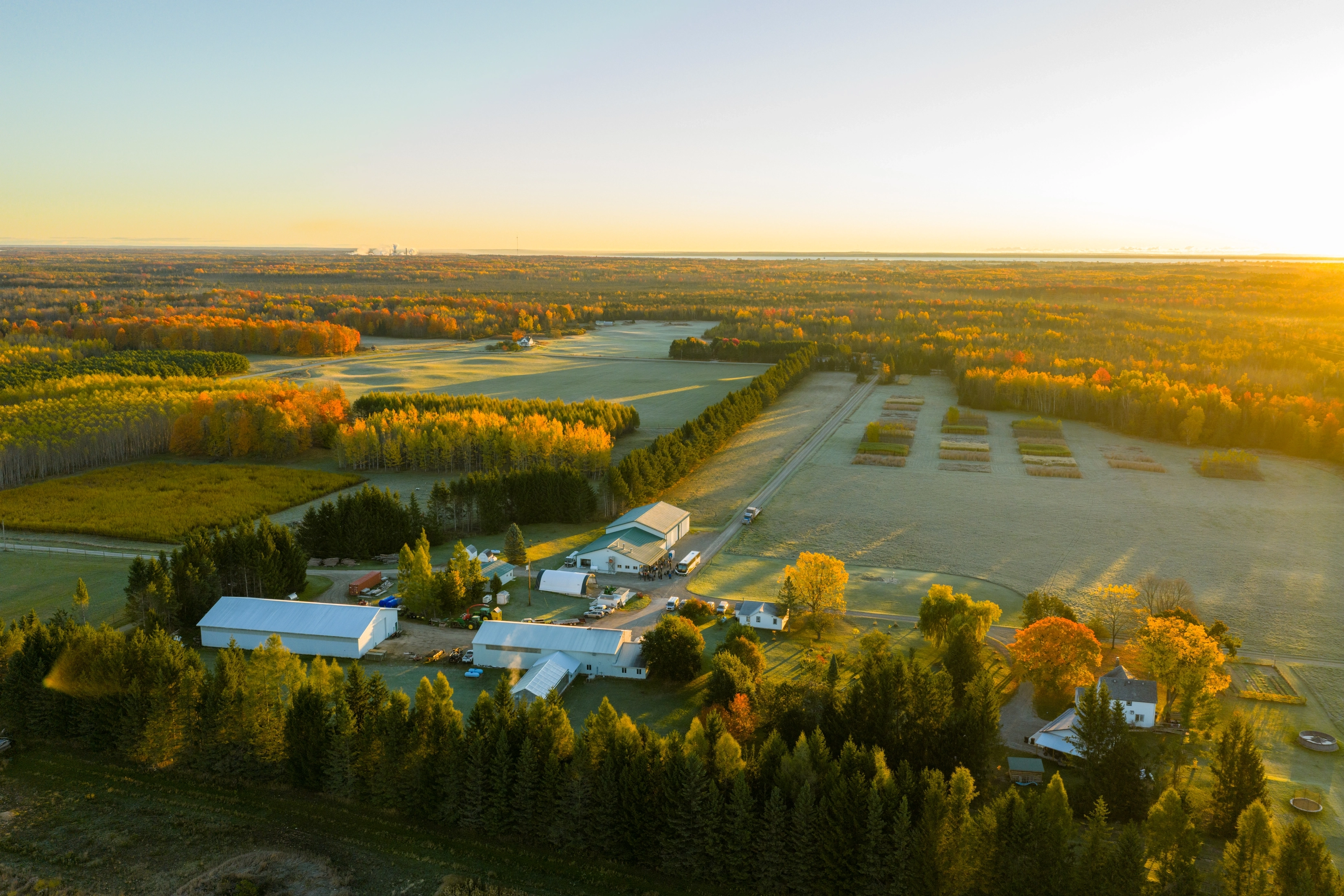 Aerial view of the MSU Forestry Innovation Center in Escanaba, Michigan, at sunrise.