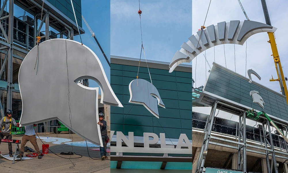 photo collage: large metal helmet sign being installed on a stadium