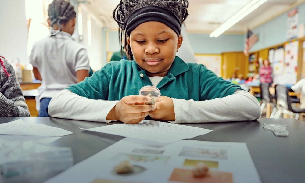 Student looking at rock samples