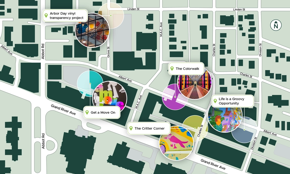 Graphic map with pintpoints for five artworks in East Lansing.