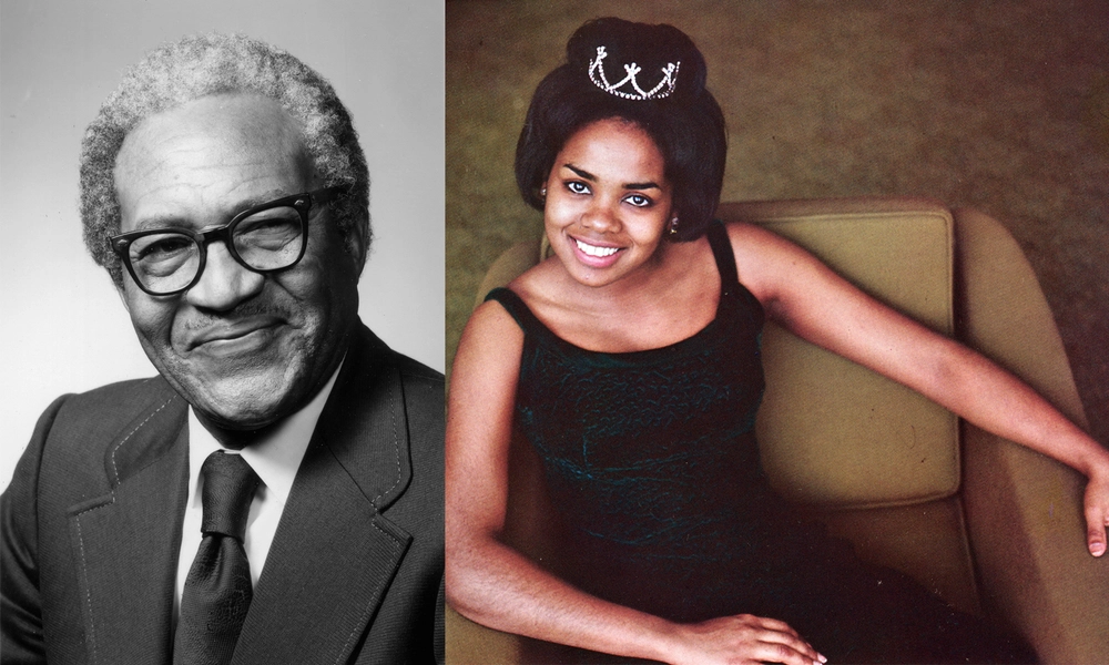 Side-by-side photos. Left: William Harrison Pipes smiles wearing a suit and tie. Right: Patty Burnette poses wearing a black dress and a tiara atop her head.