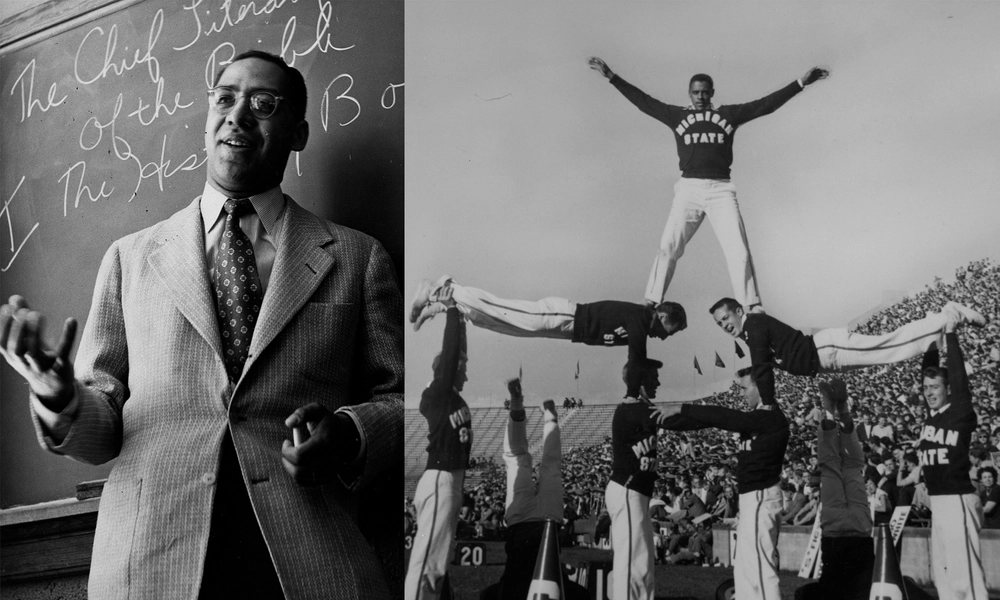 Side-by-side photos. On the left, a professor speaks in front of a blackboard with writing on it. On the right, a cheerleader atop a pyramid of other cheerleaders at a football game at Michigan State University