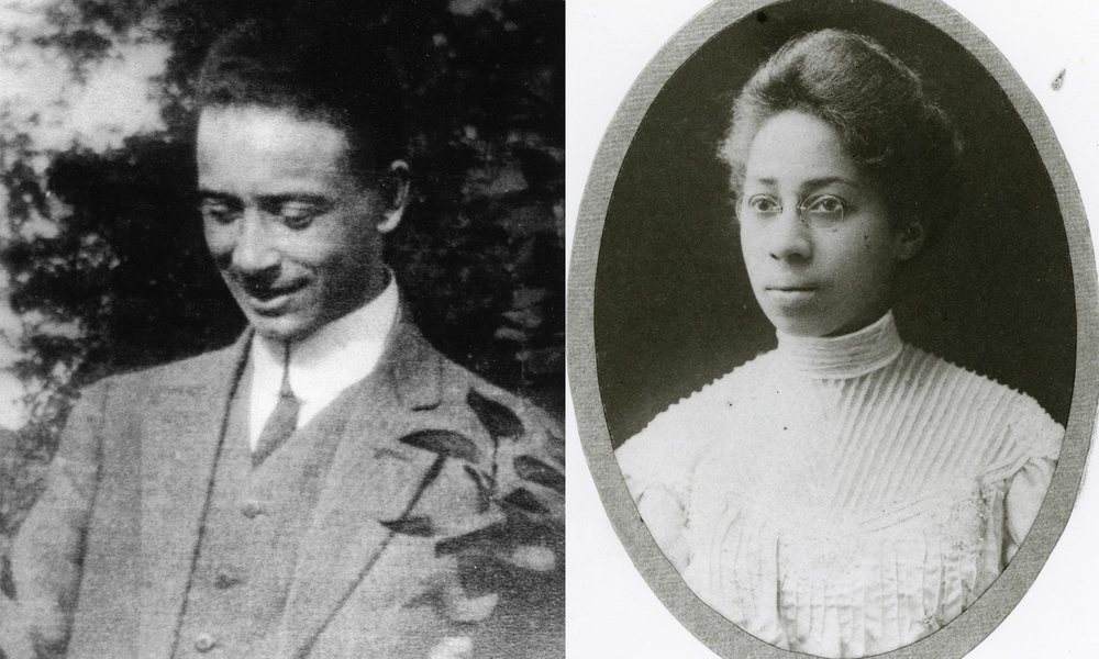 Side-by-side photos: On the left, a black and white photo from 1904 of a man in a suit, vest and tie smiling. On the right, a 1907 black and white photo of Myrtle Craig, MSU's first Black female graduate.