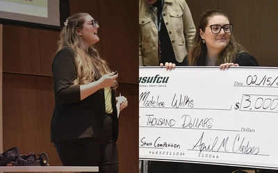 Madeline Wilks pitching the Tutti Strap and holding a check for $3000