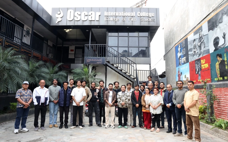 Marohang Yakthung Limbu with professors and students at Oscar International College in Nepal.