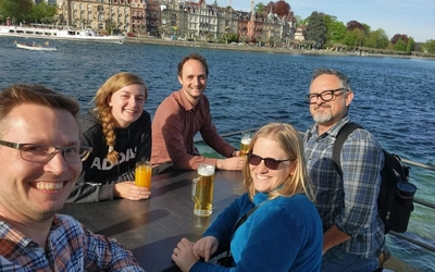 Woerner, Eli Strauss and Ari Strandburg-Peshkin celebrating in Germany