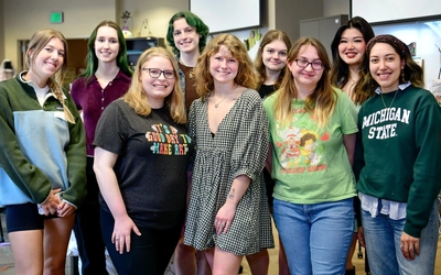 Pictured from left to right are Emma Everts, Ava Klug, Breanna Chaput, Kelsey Smith, Olivia Rangler, Libby Wortman, Elizabeth Hofer, Gina Budman, and Dr. Allen.
