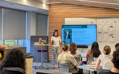 Erika Espinosa speaks to Lansing Community College students during an Envision Green transfer success session.
