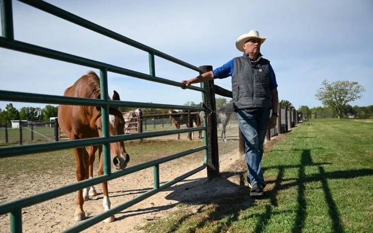 Gayelord Mankowski with his horse at a fence.