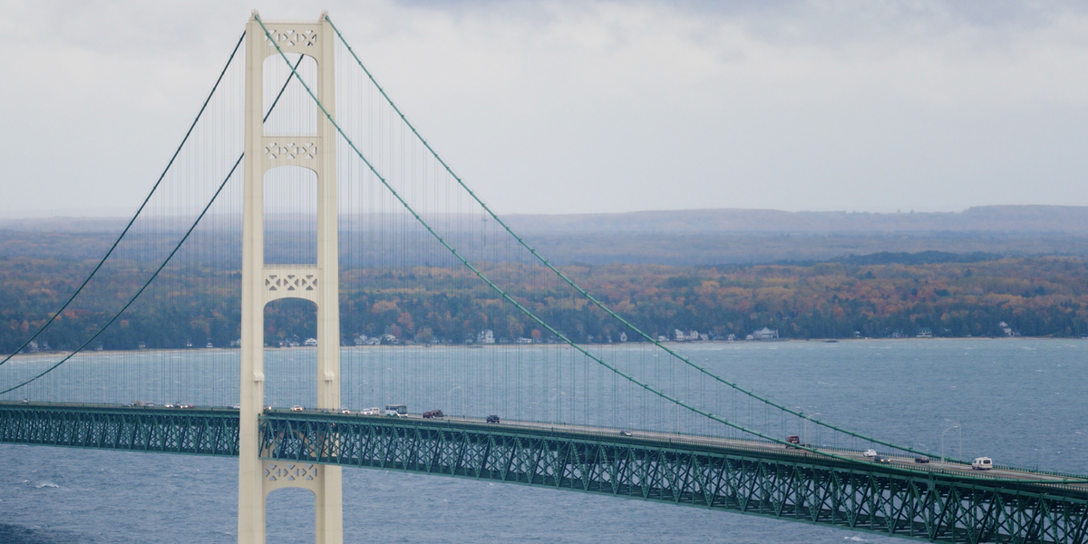 An aerial view of the Mackinac Bridge.