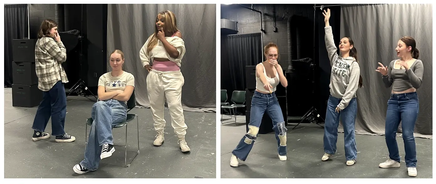 Cast members of “MSU UnScripted” rehearse improv techniques.