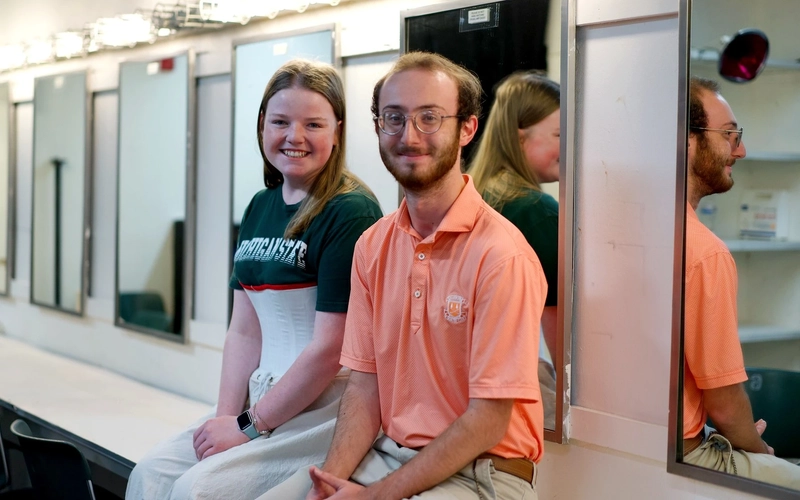 BFA in Acting majors Kellie Ver Woert (left) and Xander Adamski (right). Ver Woert plays Nina and Adamski plays Constantine in “The Seagull.” (Photo by Trystan Guerrero)