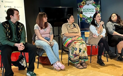 Dr. Elan Pochedley (far left) on a Native Americans in Science, Technology, Engineering, Arts, and Mathematics (NSTEAM) panel during the 2025 MSU Science Festival