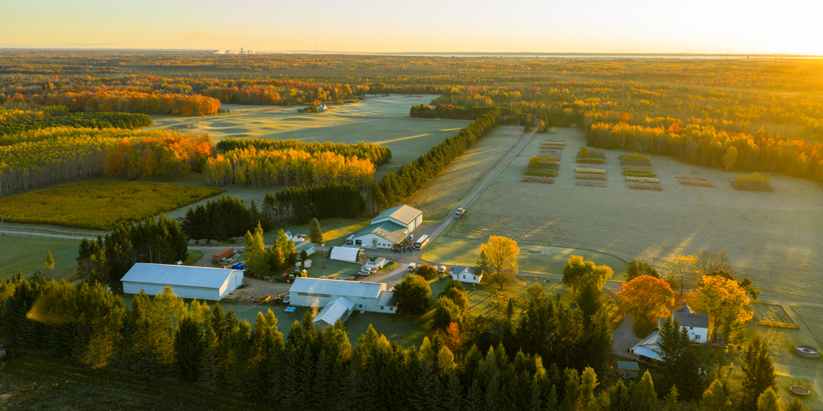 An aerial photo of the MSU Forestry Innovation Center during the Fall 2025 Spartan Bus Tour.